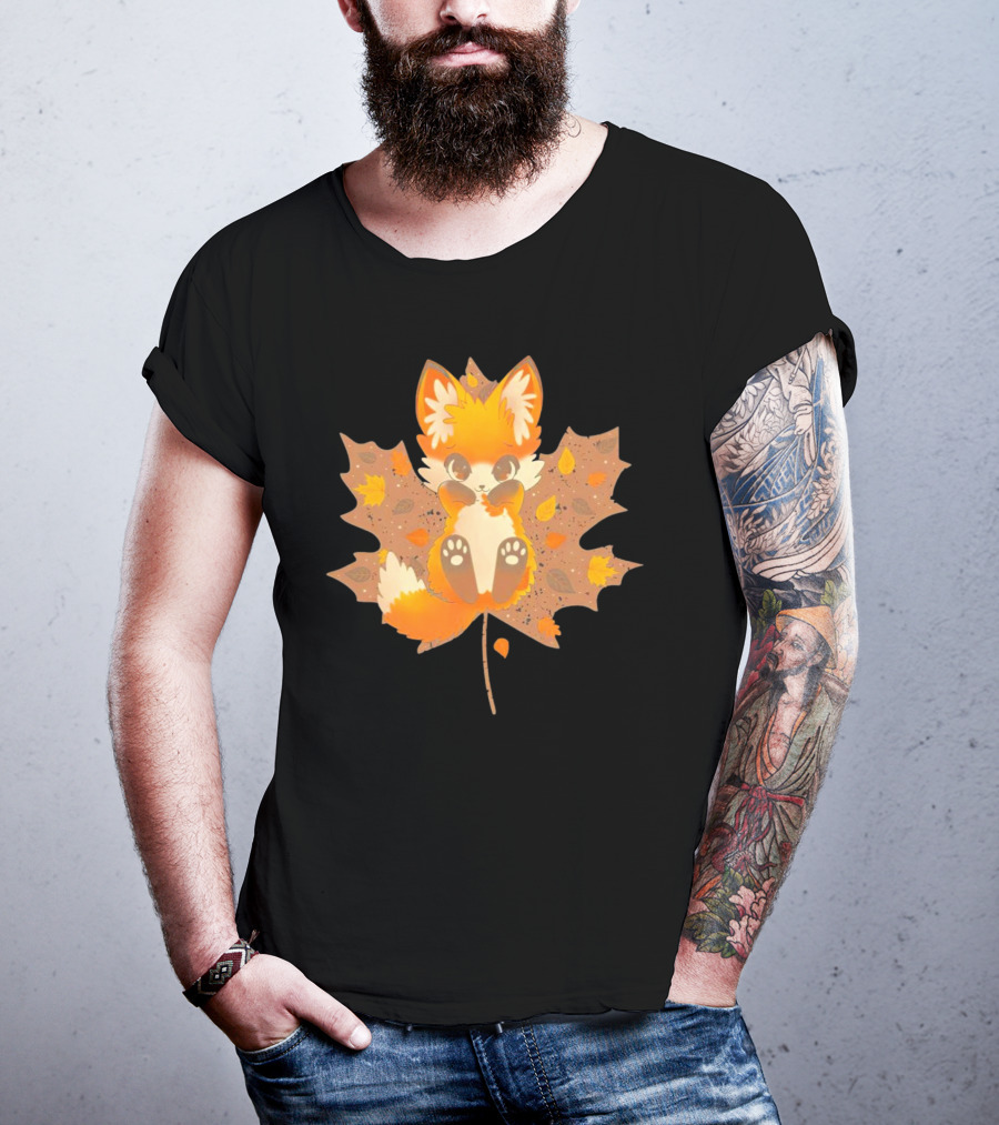 Kitsune Autumn Fox With Maple Leaf And Fall Colors T-Shirt
