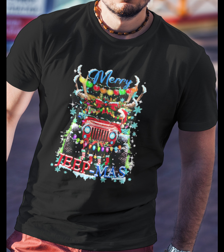 Merry Jeep Mas Reindeer Lights Snowflakes Christmas Decorations T-Shirt