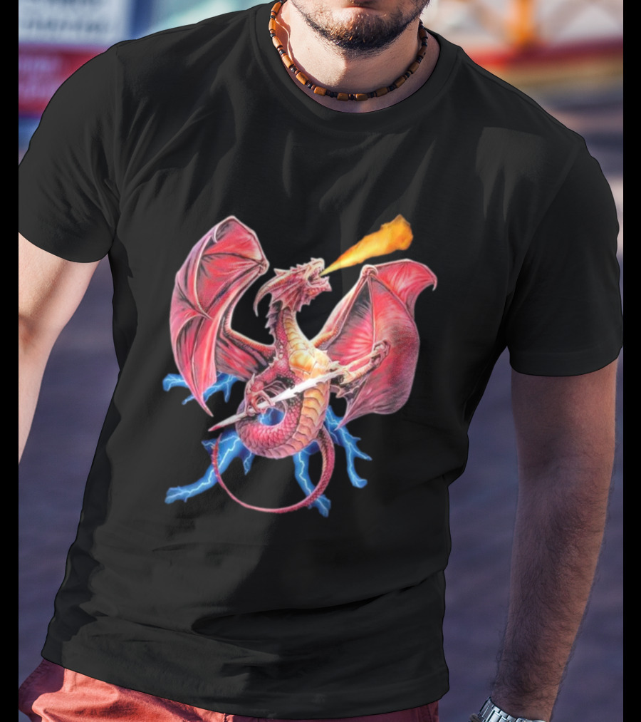 Red Dragon Breathing Fire Holding Sword Flying With Lightning In Background T-Shirt