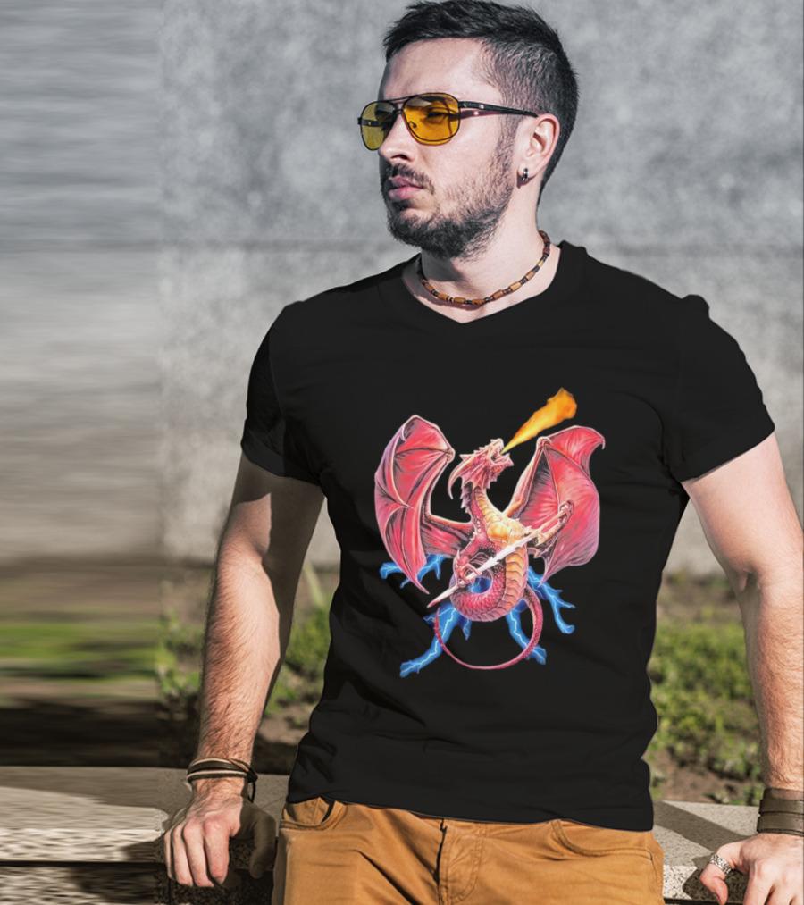 Red Dragon Breathing Fire Holding Sword Flying With Lightning In Background T-Shirt