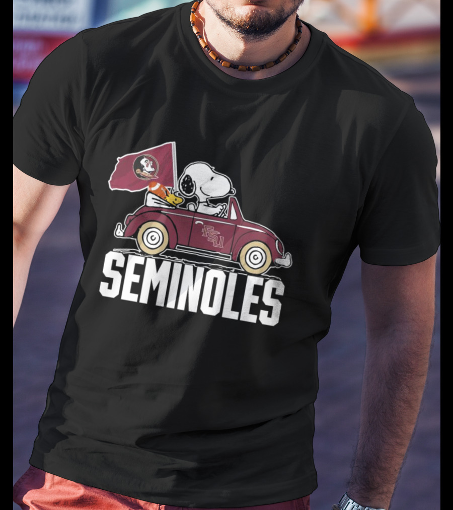 Snoopy And Woodstock In Seminoles Car Florida State Flag Peanuts T-Shirt