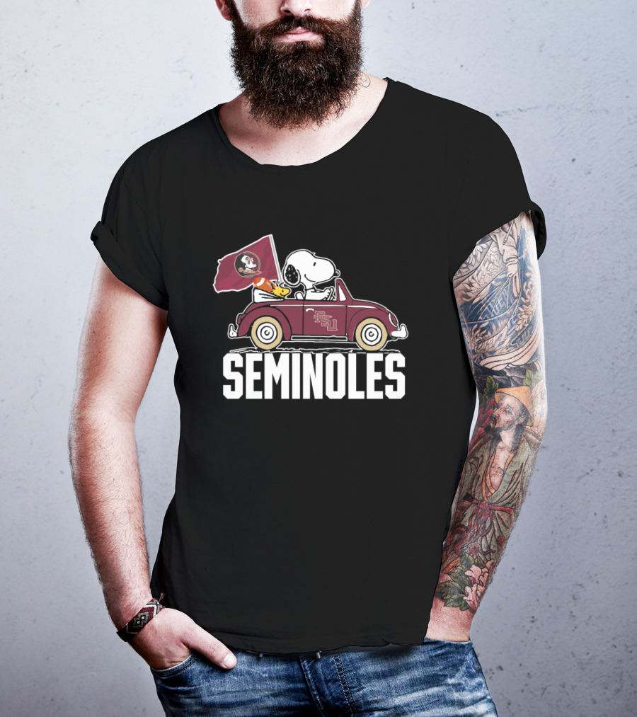 Snoopy And Woodstock In Seminoles Car Florida State Flag Peanuts T-Shirt