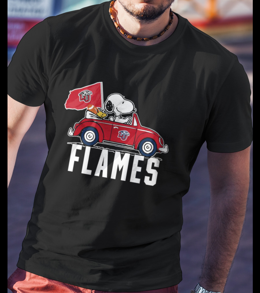 Snoopy And Woodstock Driving Liberty University Flames Car T-Shirt