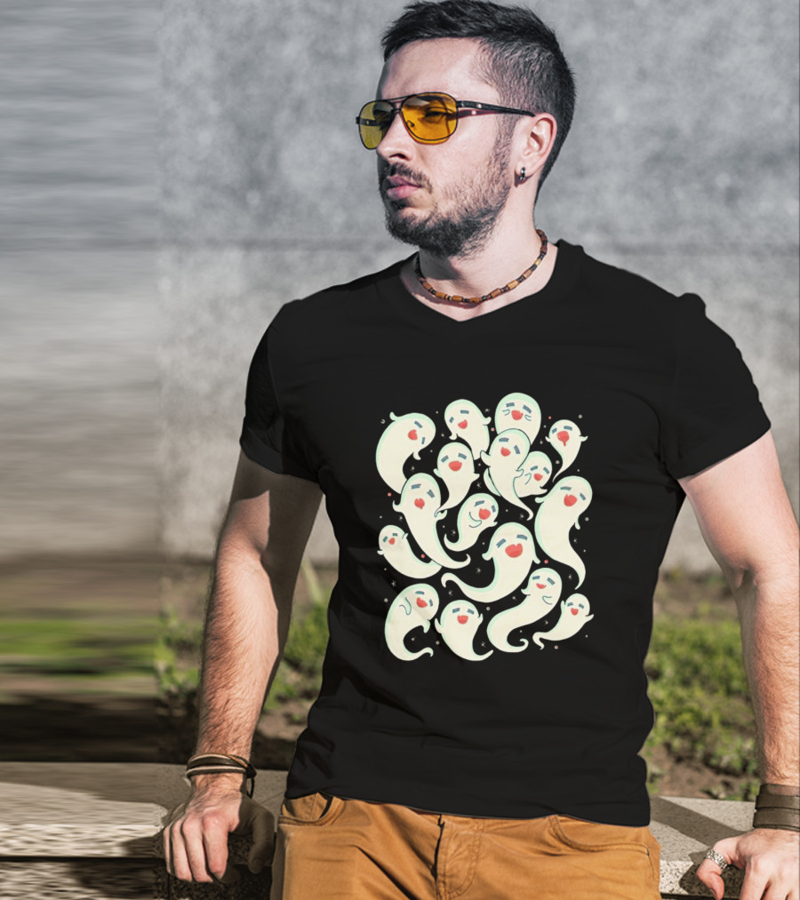 Spirited Squad Ghostly Gathering With Playful Faces T-Shirt