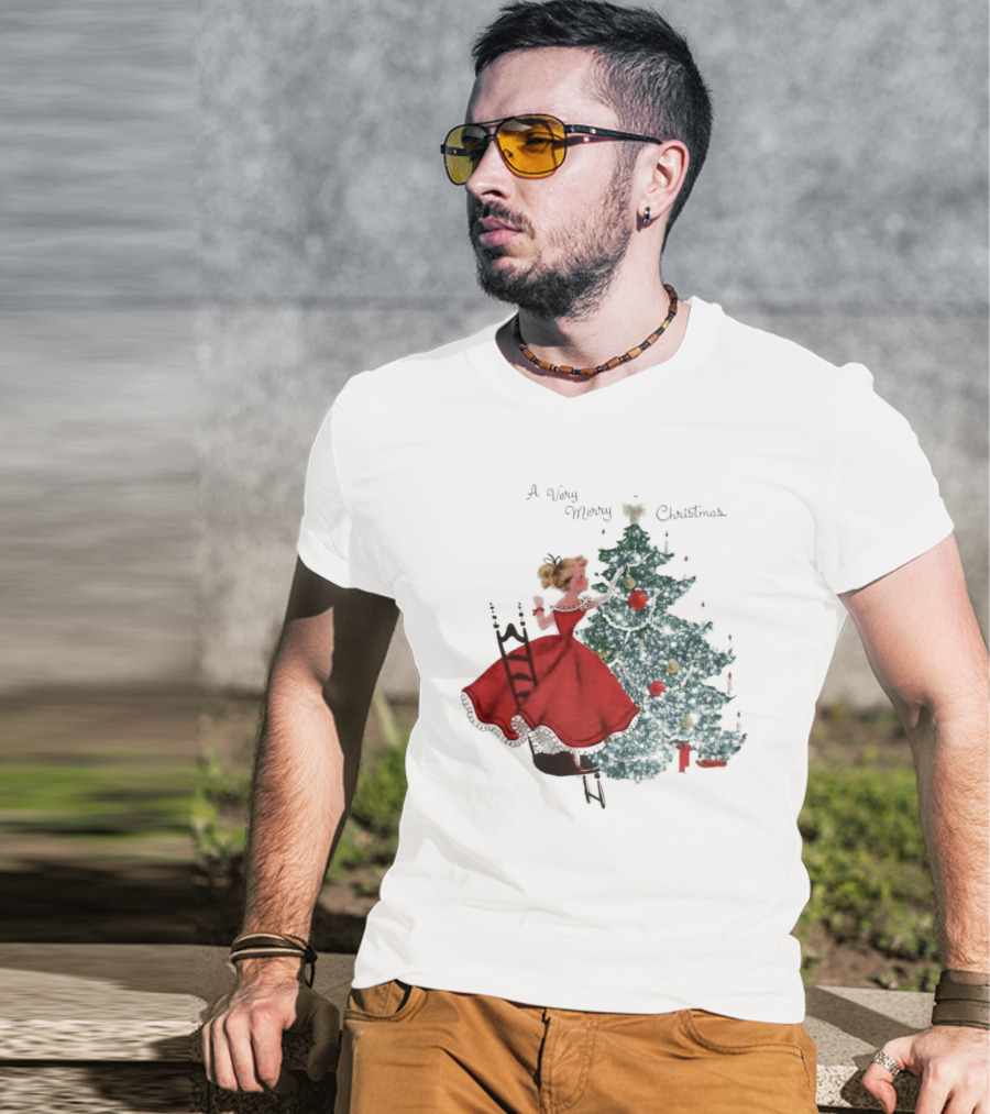 A Very Merry Christmas Girl Trimming The Christmas Tree T-Shirt