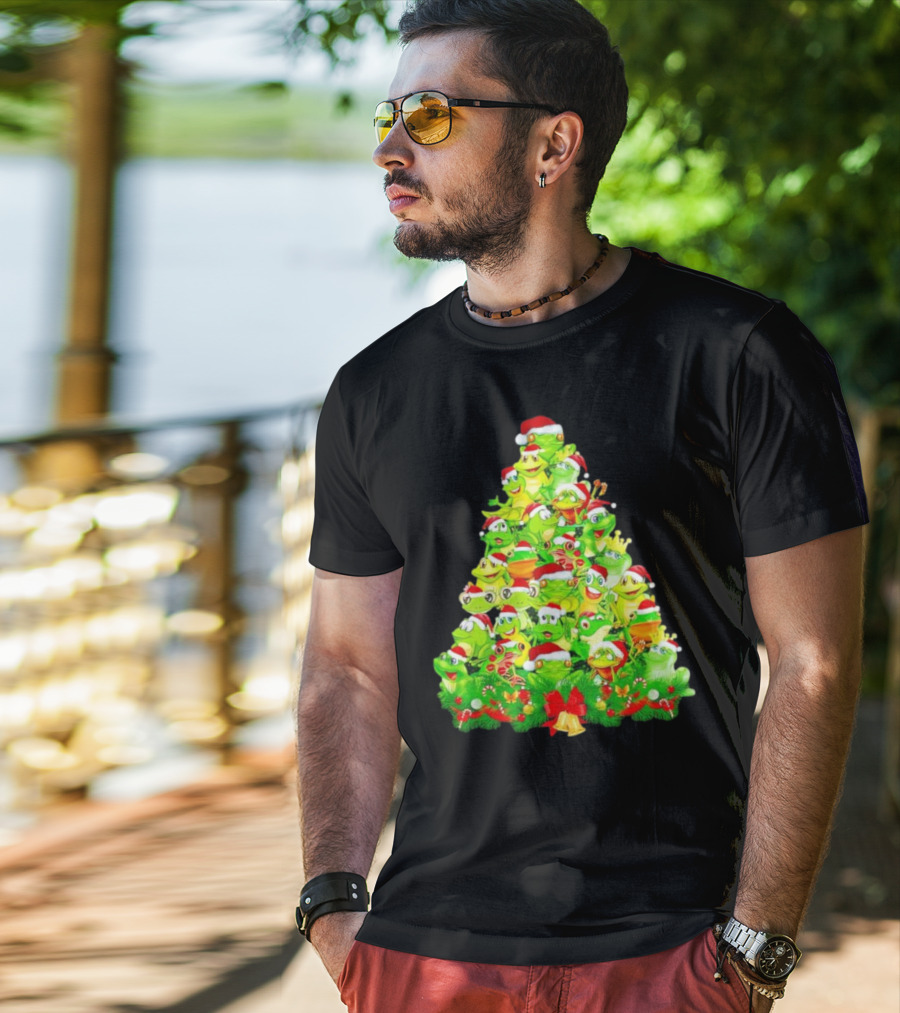 Frogs With Santa Hats Christmas Tree Holiday T-Shirt
