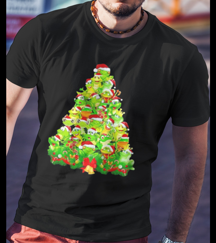 Frogs With Santa Hats Christmas Tree Holiday T-Shirt