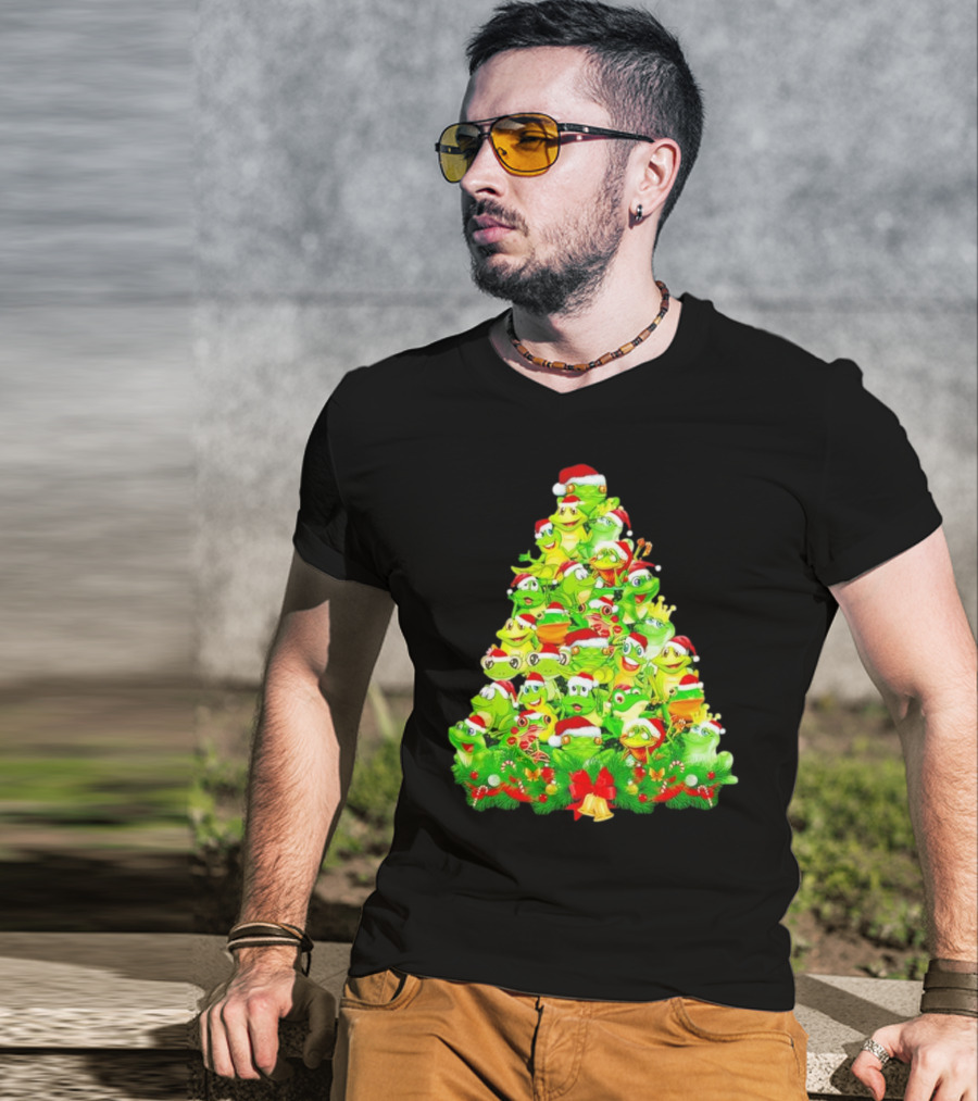 Frogs With Santa Hats Christmas Tree Holiday T-Shirt