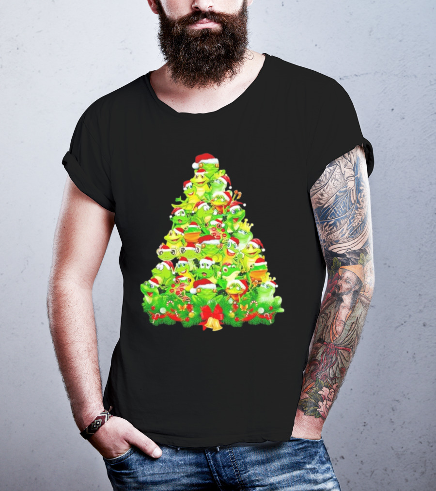 Frogs With Santa Hats Christmas Tree Holiday T-Shirt