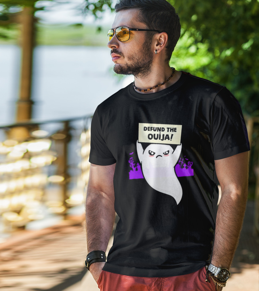 Defund The Ouija Angry Ghost Protest With Graveyard Background T-Shirt