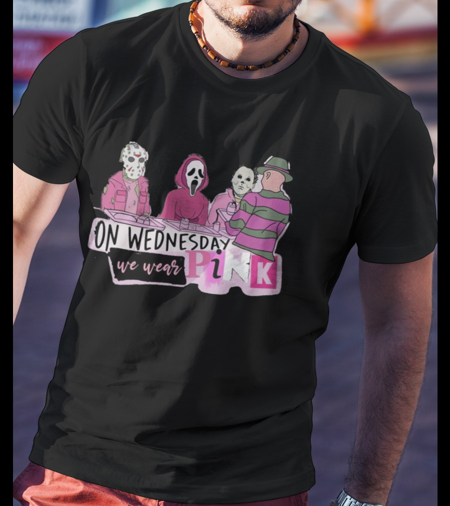 On Wednesday We Wear Pink Horror Movie Characters T-Shirt