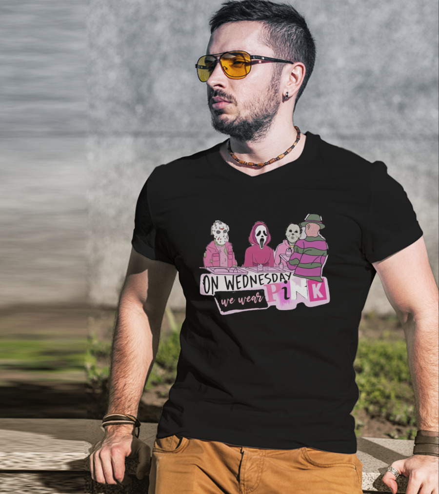 On Wednesday We Wear Pink Horror Movie Characters T-Shirt