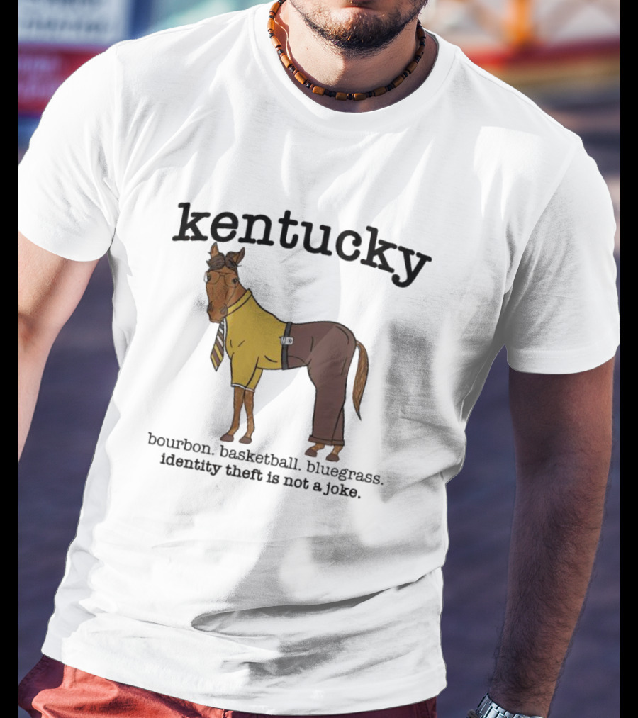Kentucky Horse In Suit With Bourbon Basketball Bluegrass Identity Theft Not A Joke T-Shirt