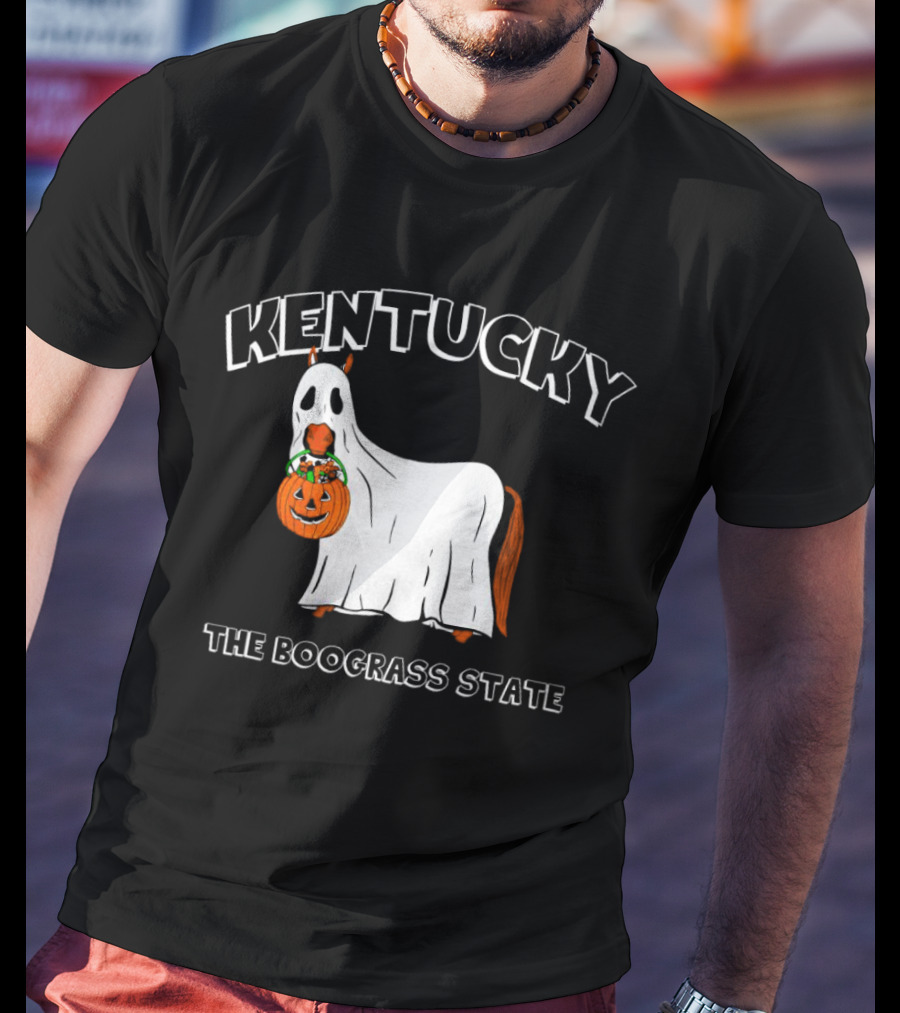 Kentucky Halloween Ghost Horse With Pumpkin Boograss State T-Shirt