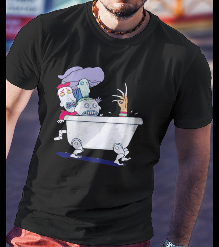 Halloween Scary Bathtub Cartoon Skeletons And Claw Hand T-Shirt