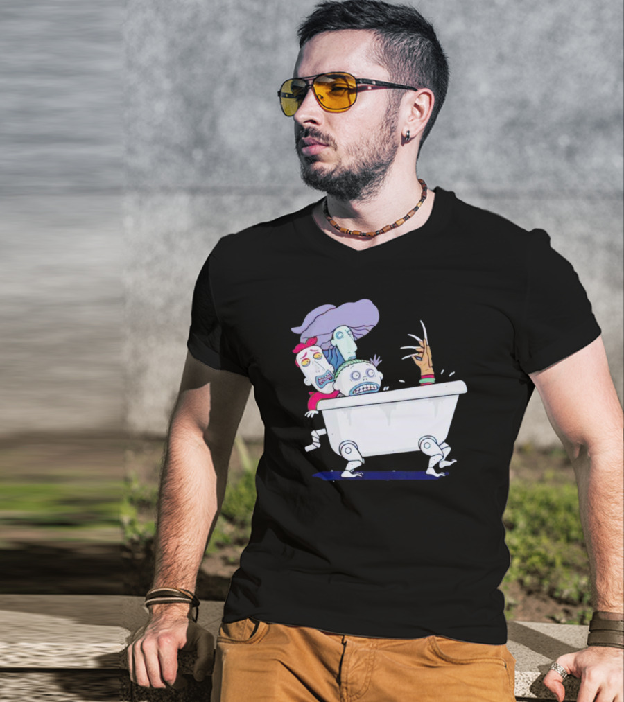 Halloween Scary Bathtub Cartoon Skeletons And Claw Hand T-Shirt