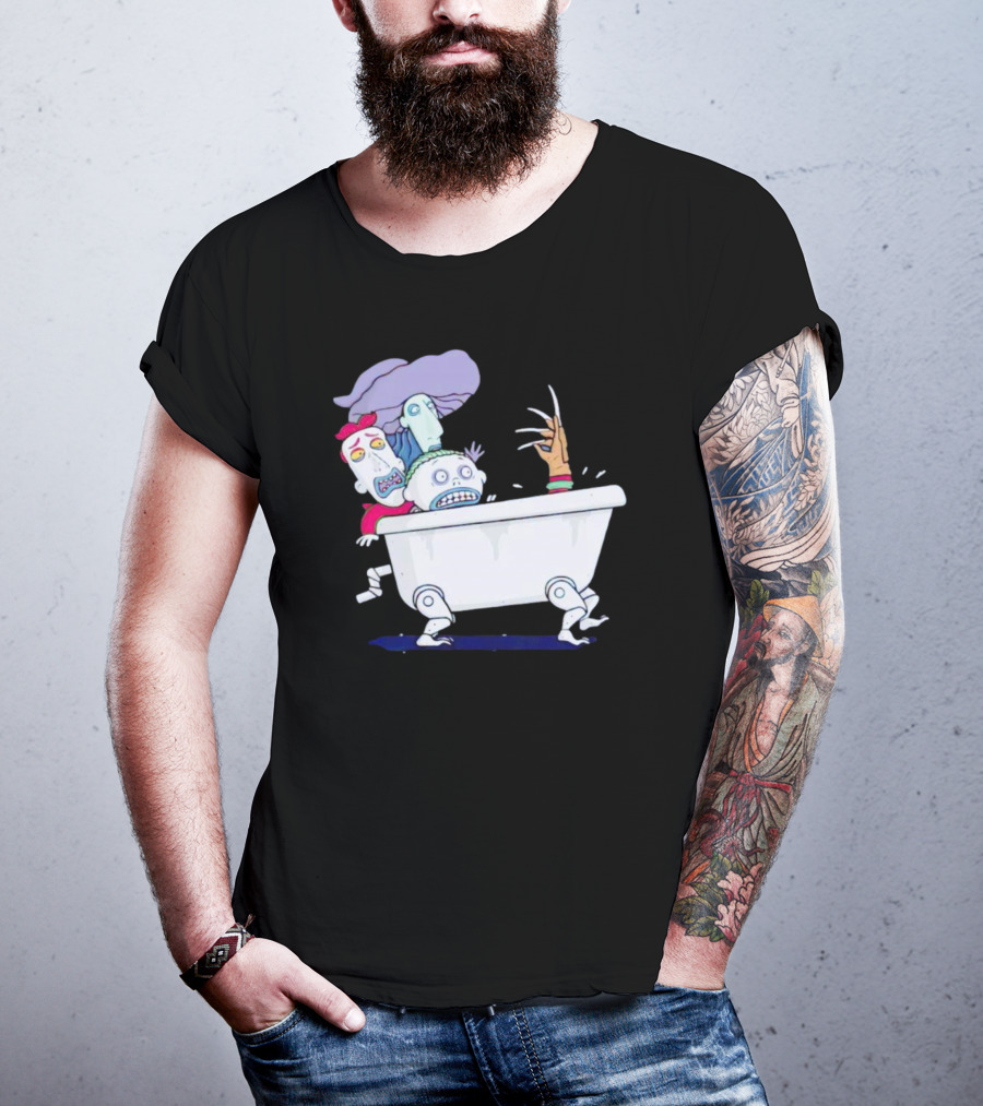 Halloween Scary Bathtub Cartoon Skeletons And Claw Hand T-Shirt