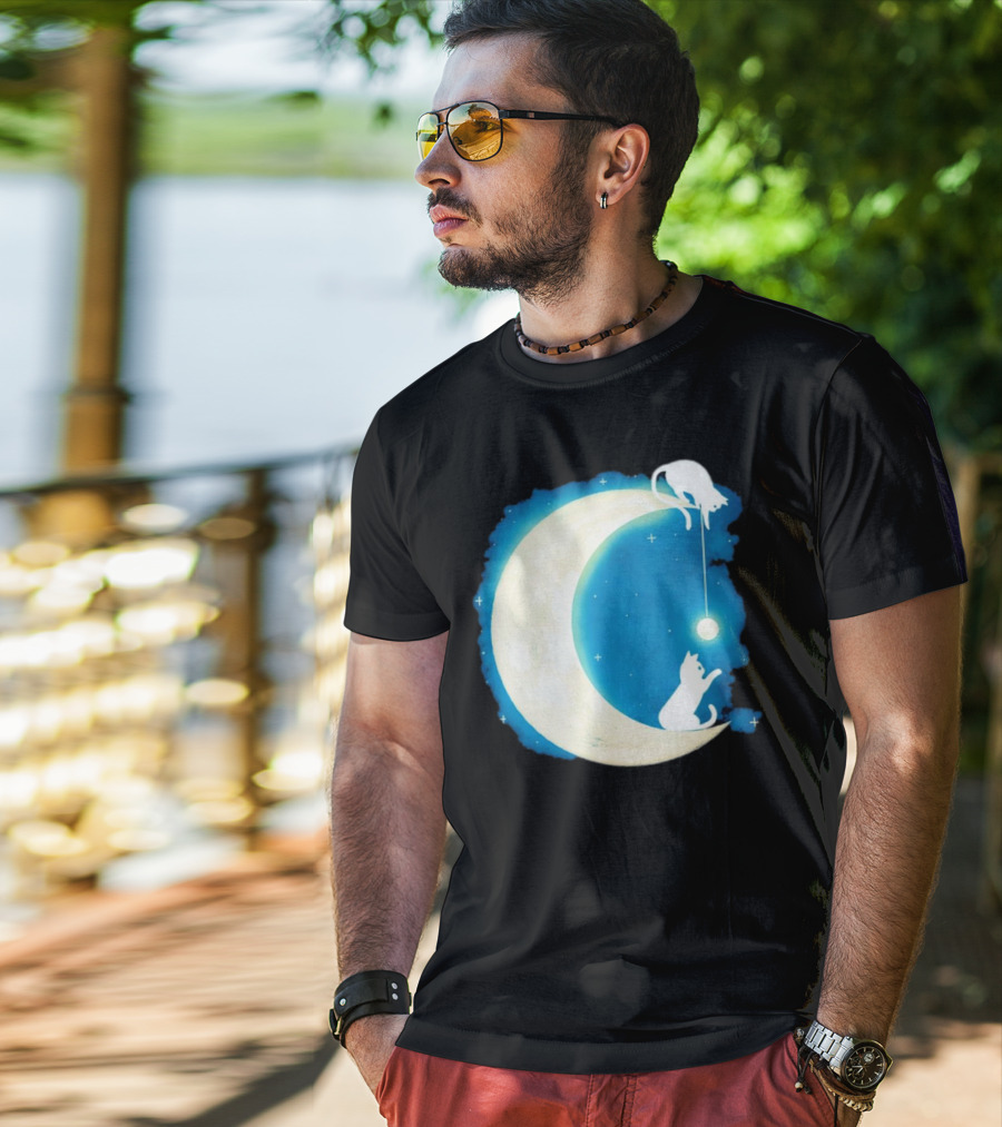 Moon Cat Playful Journey Celestial Light T-Shirt