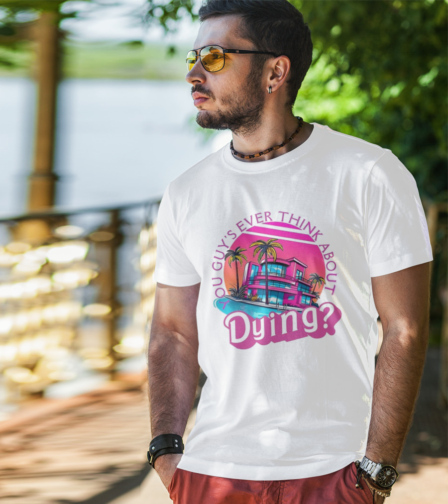 You Guy's Ever Think About Dying? Retro Palm Tree Sunset Vibrant Pink Neon Aesthetic T-Shirt