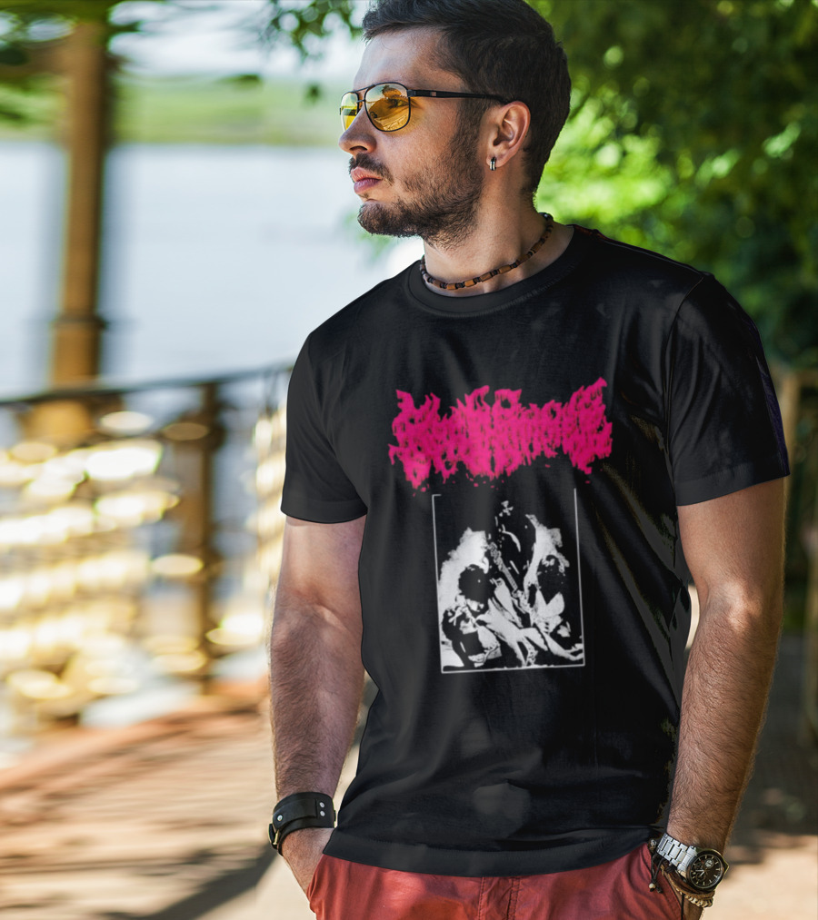 Gorehammer Graphic In Pink Gothic Font With Monochrome Horror Scene T-Shirt