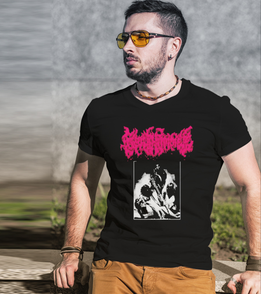 Gorehammer Graphic In Pink Gothic Font With Monochrome Horror Scene T-Shirt