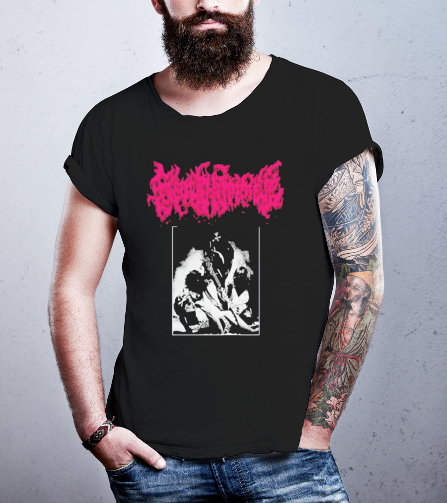 Gorehammer Graphic In Pink Gothic Font With Monochrome Horror Scene T-Shirt