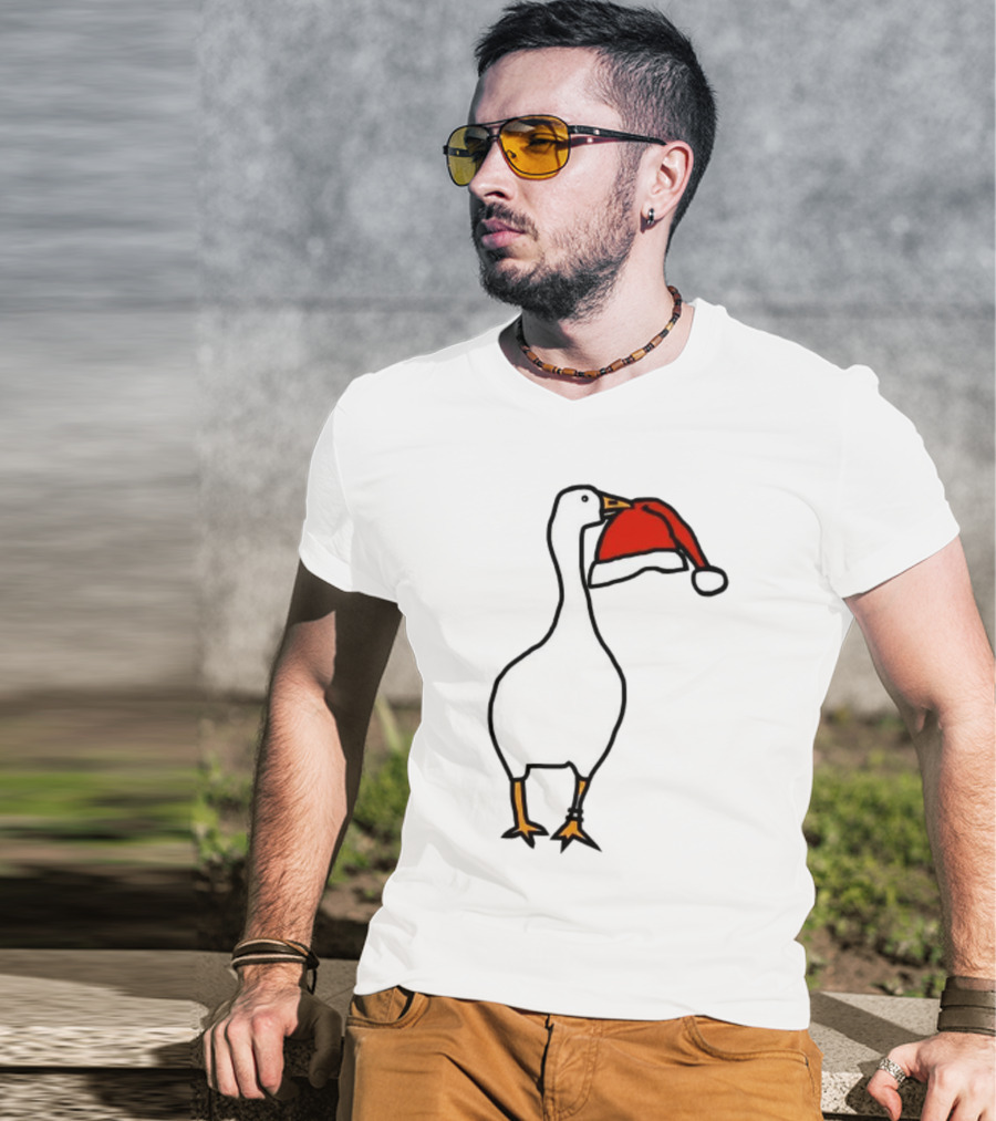 Happy Merry Christmas Santa Hat White Goose Steals T-Shirt