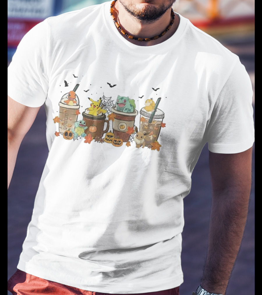Pikachu Halloween Coffee Latte With Pokemon Celebrating Autumn T-Shirt