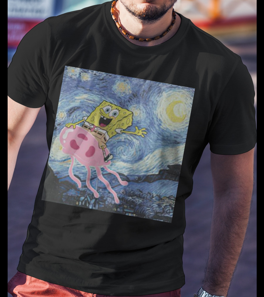 SpongeBob SquarePants Jellyfishing Van Gogh Starry Night Crossover T-Shirt