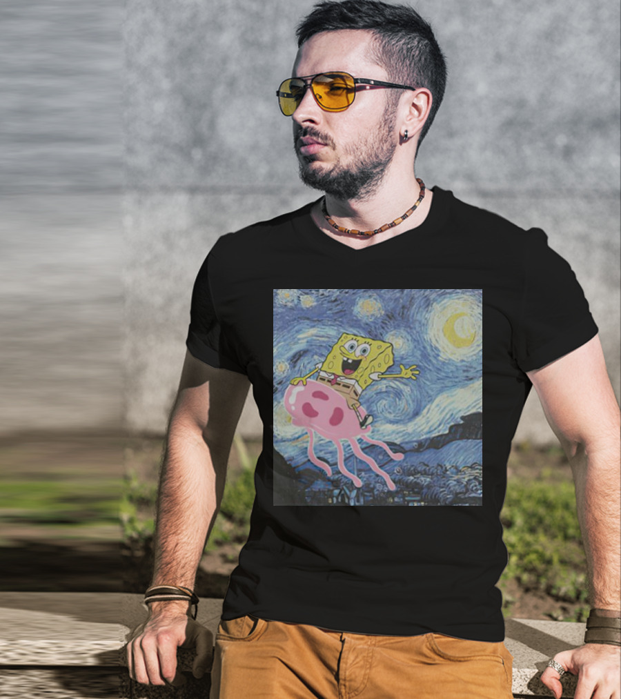 SpongeBob SquarePants Jellyfishing Van Gogh Starry Night Crossover T-Shirt