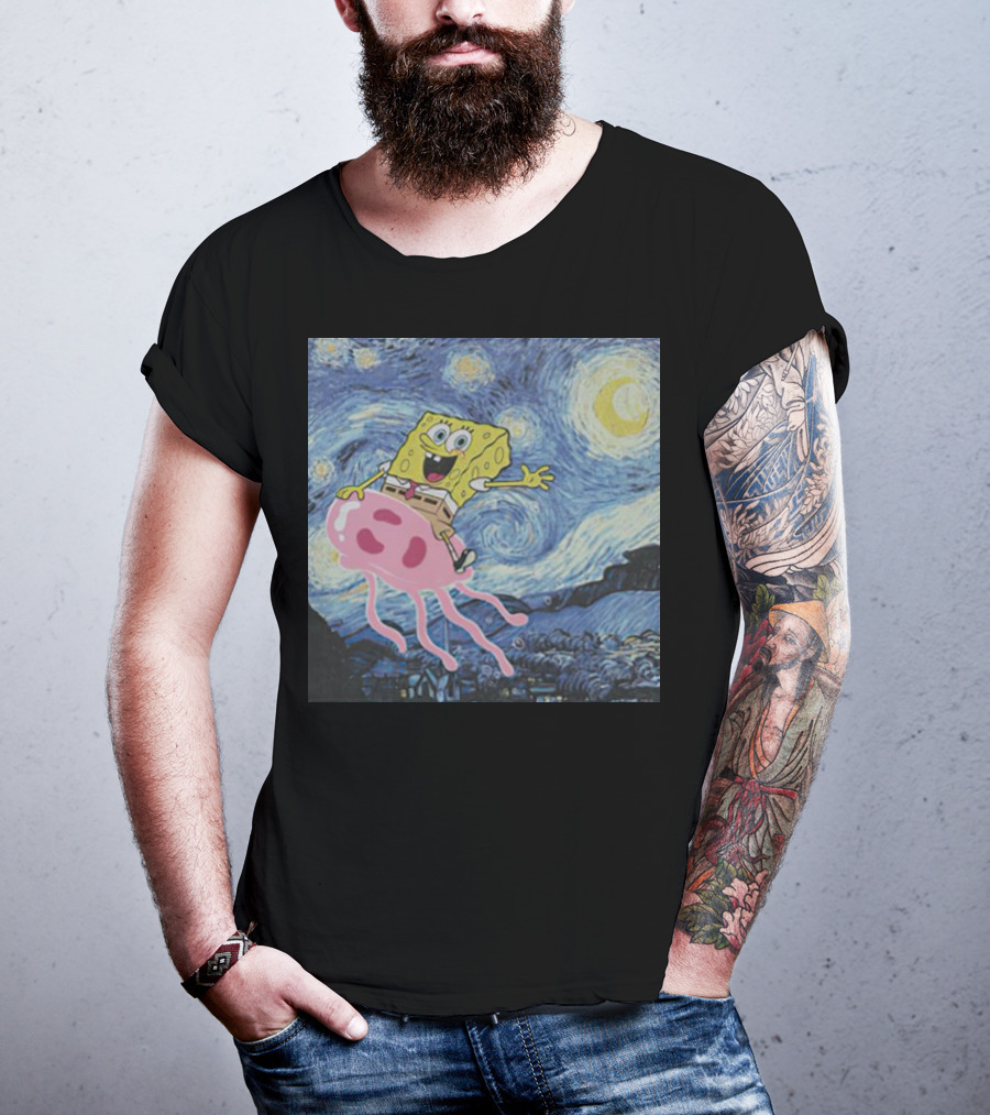 SpongeBob SquarePants Jellyfishing Van Gogh Starry Night Crossover T-Shirt