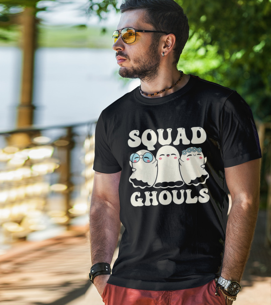 Squad Ghouls Halloween Cute Ghosts With Glasses And Flowers T-Shirt