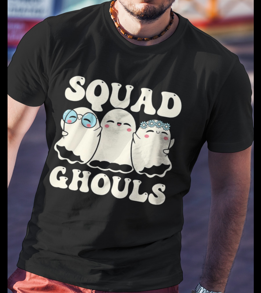 Squad Ghouls Halloween Cute Ghosts With Glasses And Flowers T-Shirt