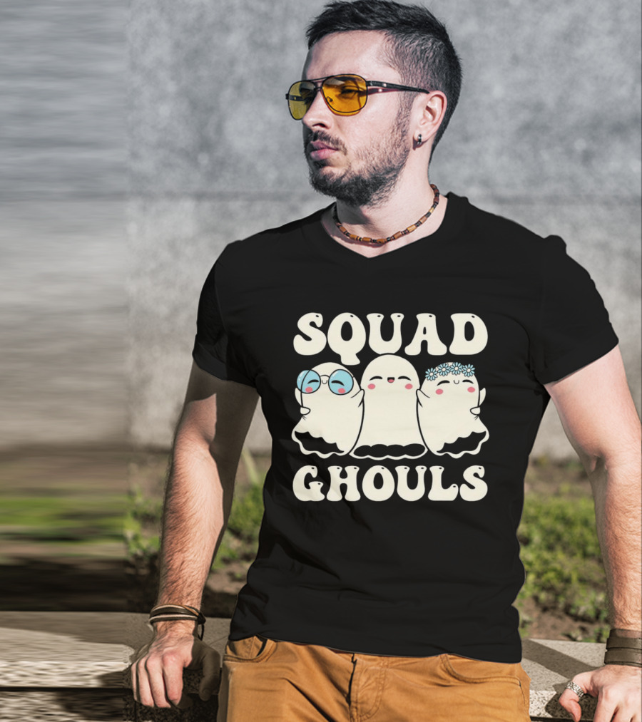 Squad Ghouls Halloween Cute Ghosts With Glasses And Flowers T-Shirt
