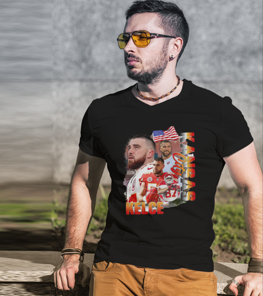 Kelce Kansas City Chiefs Collage With American Flag T-Shirt