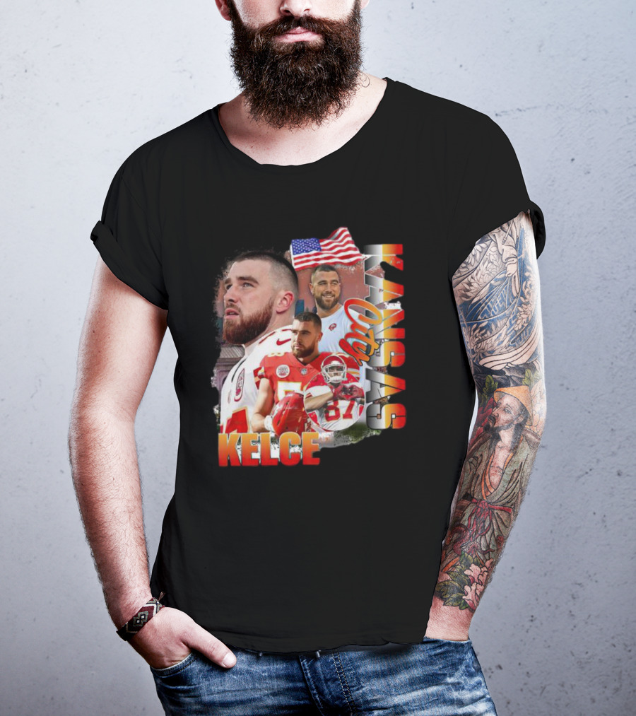 Kelce Kansas City Chiefs Collage With American Flag T-Shirt