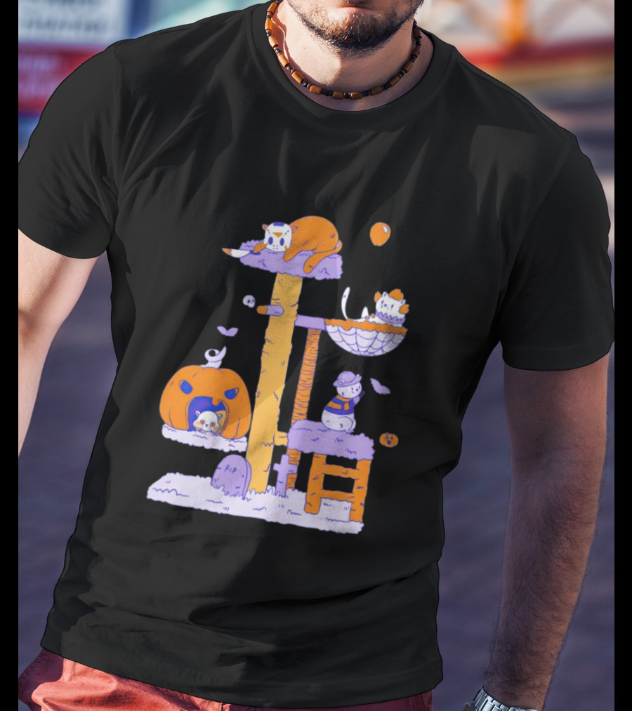 Cats In Halloween Horror Cosplay Playground With Pumpkins And Ghosts T-Shirt