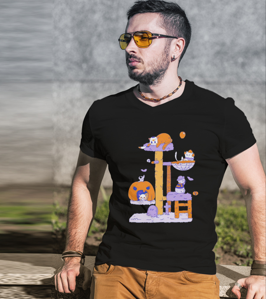 Cats In Halloween Horror Cosplay Playground With Pumpkins And Ghosts T-Shirt