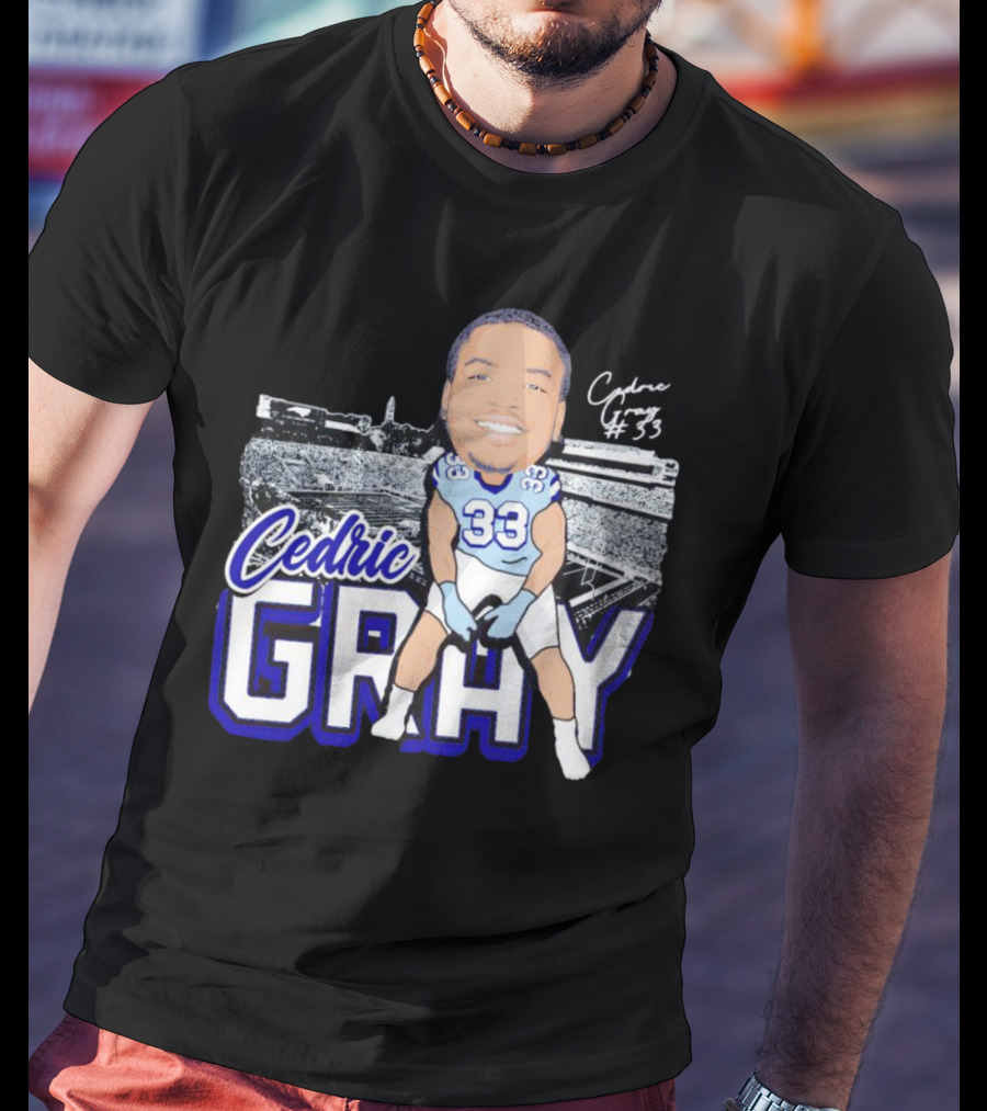 Cedric Gray #33 Caricature Football Stadium Signature T-Shirt