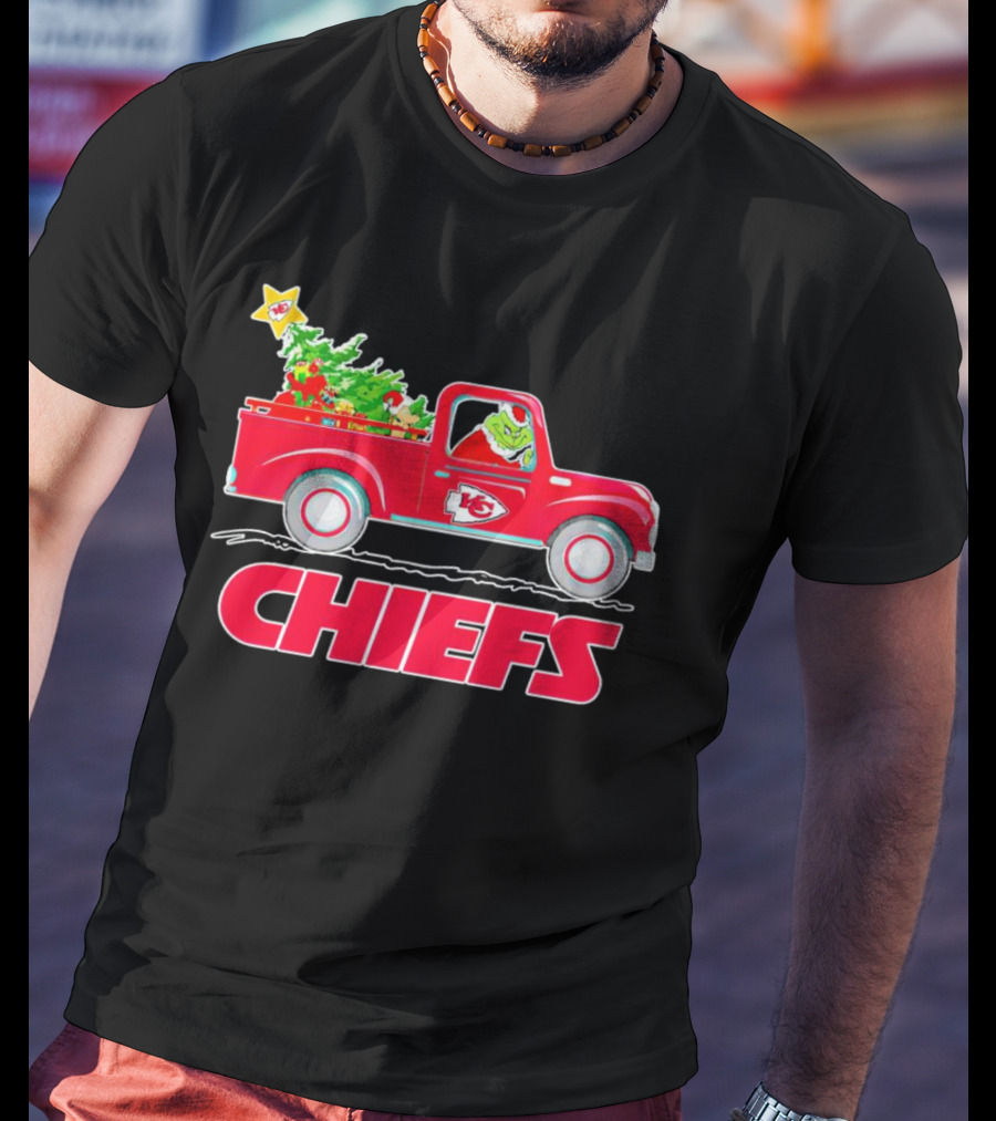 Grinch Driving Kansas City Chiefs Red Truck With Christmas Tree T-Shirt