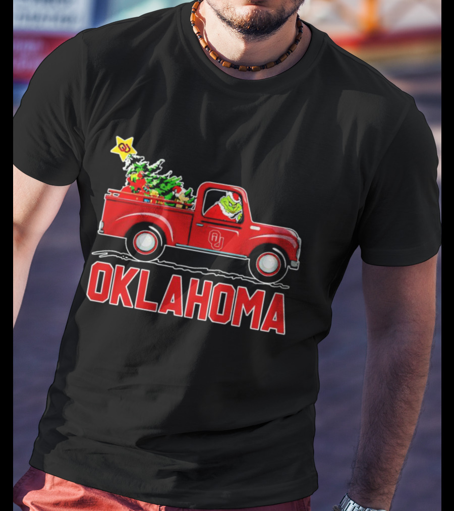 Grinch Driving Red Truck With Christmas Tree And Oklahoma Sooners T-Shirt