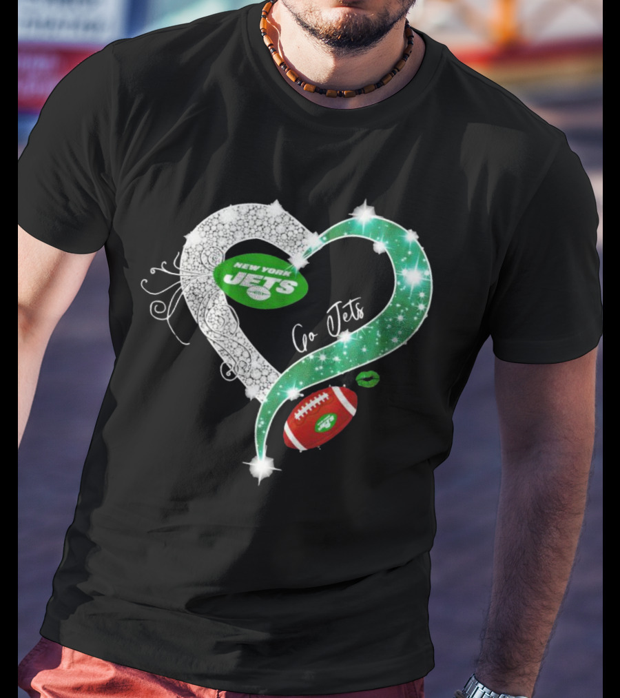 New York Jets Go Jets Diamond Heart Green Football Sparkle T-Shirt