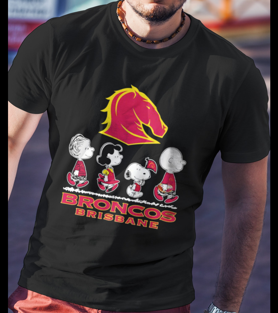 Broncos Brisbane Peanuts Characters Walking Under Horse T-Shirt