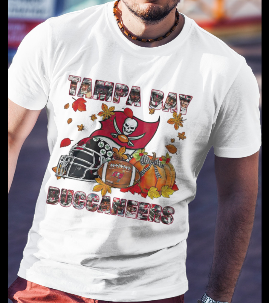 Tampa Bay Buccaneers Helmet Pumpkin Fall Football Leaves T-Shirt
