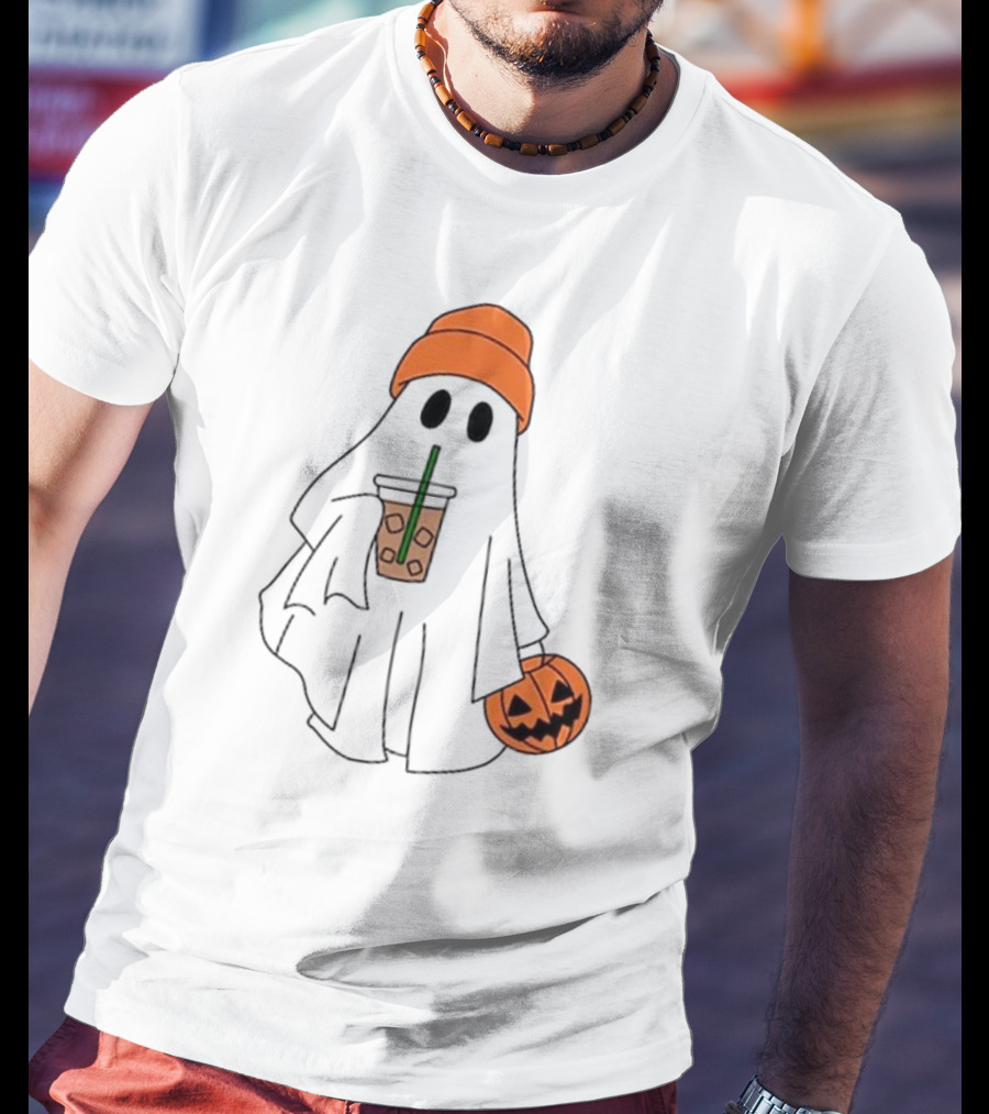 Cute Ghost Drinking Ice Coffee With Pumpkin Hat T-Shirt