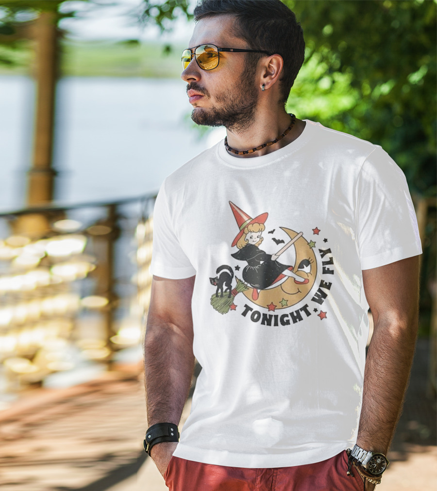 Tonight We Fly Witch On Moon Halloween Cat Stars T-Shirt