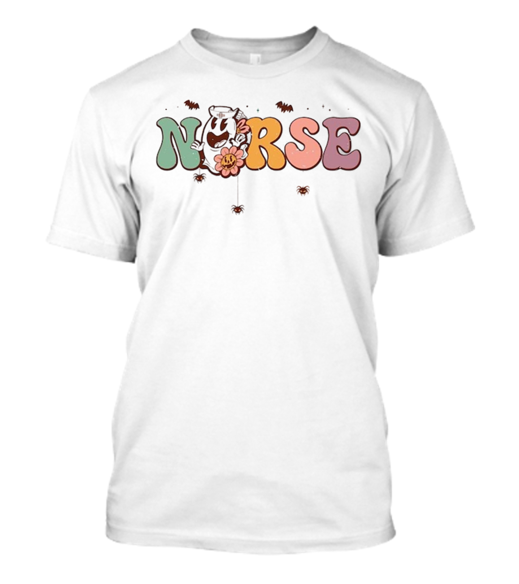 Halloween Nurse Spooky Cartoon Bats Cute Smiling Flower T-Shirt