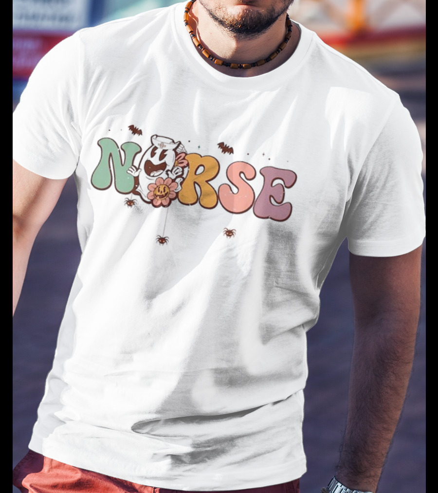 Halloween Nurse Spooky Cartoon Bats Cute Smiling Flower T-Shirt