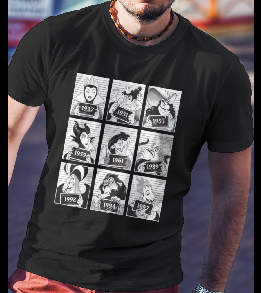 Walt Disney Cartoon Main Antagonists Year Lineup Mugshots 1937 To 1997 T-Shirt