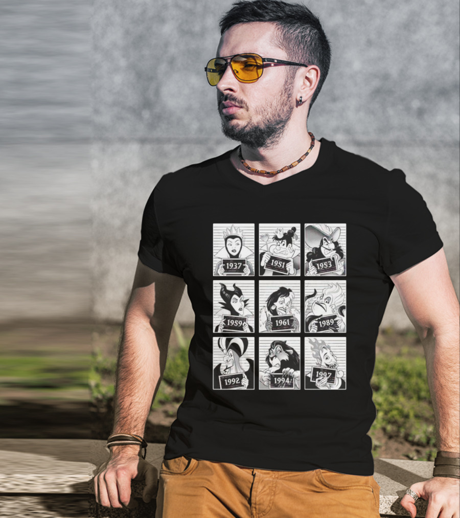 Walt Disney Cartoon Main Antagonists Year Lineup Mugshots 1937 To 1997 T-Shirt